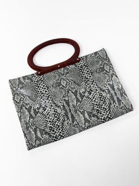 Vintage Faux Snakeskin Clutch Shopper Tote Bag Acrylic Amber Handle Grey Black